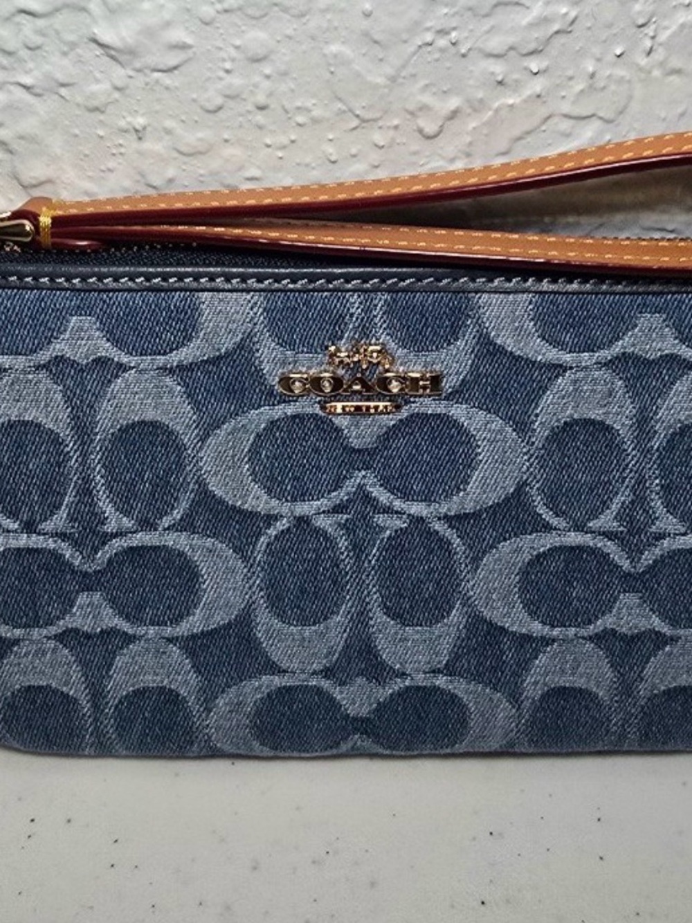 Coach Denim Signature Wristlet with Tan Leather Strap
